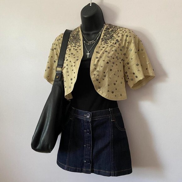 y2k 2000s vintage GAP tan cotton eclectic fairy shrug w metal sequins - Picture 2 of 8